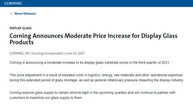 康宁宣布玻璃基板第三季度将涨价